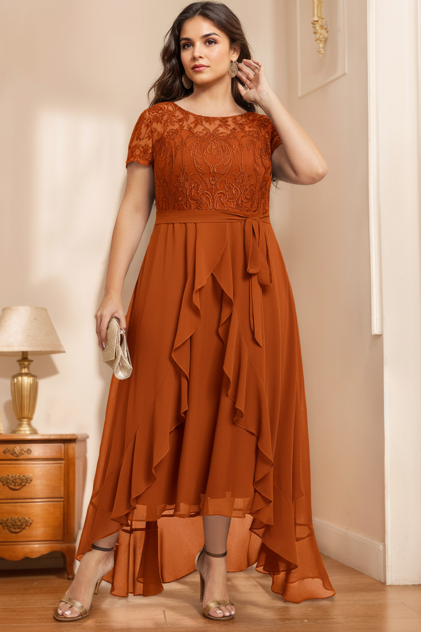 A-Line/Princess Scoop Neck Short Sleeves Asymmetrical Unique Plus Size Mother of the Bride Dresses with Bow, Ruffles & Sequins