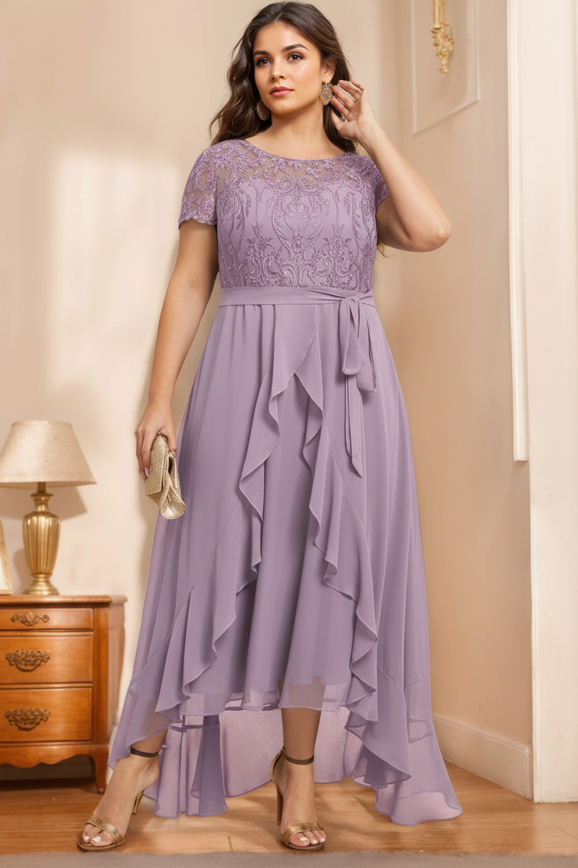 A-Line/Princess Scoop Neck Short Sleeves Asymmetrical Unique Plus Size Mother of the Bride Dresses with Bow, Ruffles & Sequins