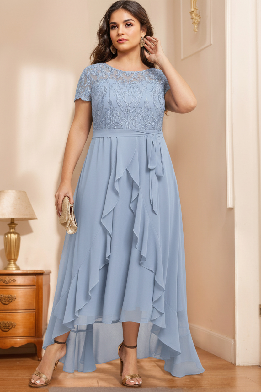 A-Line/Princess Scoop Neck Short Sleeves Asymmetrical Unique Plus Size Mother of the Bride Dresses with Bow, Ruffles & Sequins