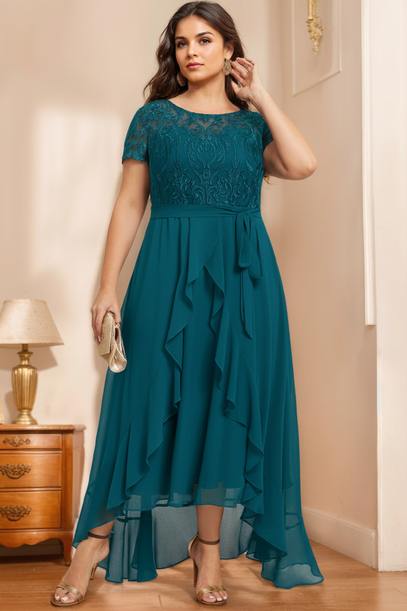 A-Line/Princess Scoop Neck Short Sleeves Asymmetrical Unique Plus Size Mother of the Bride Dresses with Bow, Ruffles & Sequins