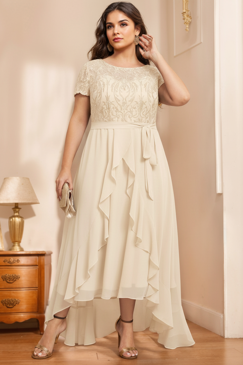 A-Line/Princess Scoop Neck Short Sleeves Asymmetrical Unique Plus Size Mother of the Bride Dresses with Bow, Ruffles & Sequins