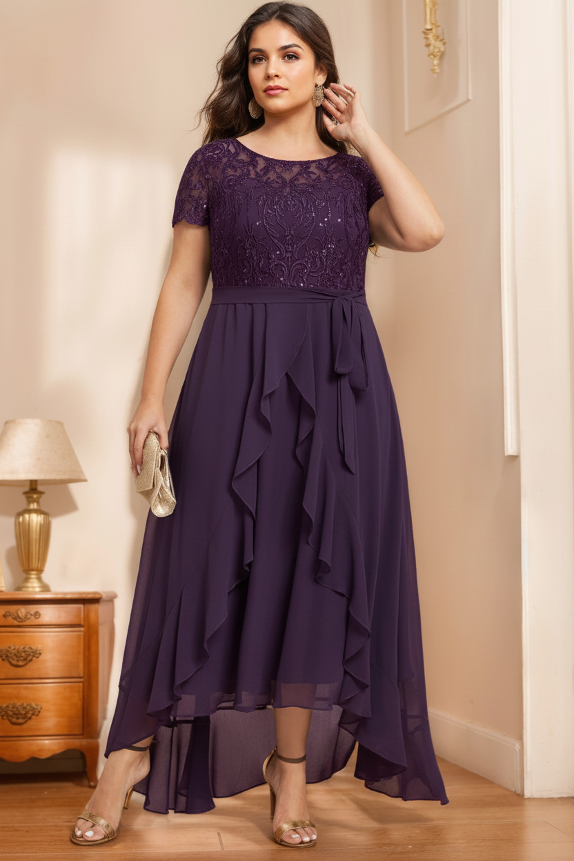 A-Line/Princess Scoop Neck Short Sleeves Asymmetrical Unique Plus Size Mother of the Bride Dresses with Bow, Ruffles & Sequins