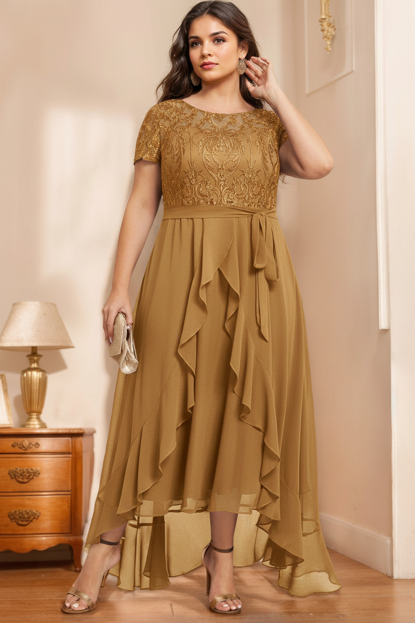 A-Line/Princess Scoop Neck Short Sleeves Asymmetrical Unique Plus Size Mother of the Bride Dresses with Bow, Ruffles & Sequins