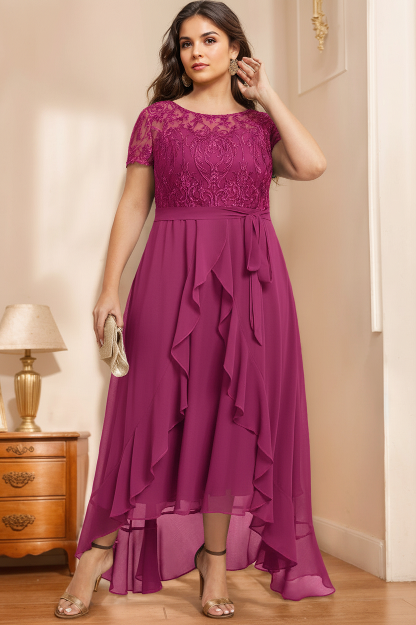 A-Line/Princess Scoop Neck Short Sleeves Asymmetrical Unique Plus Size Mother of the Bride Dresses with Bow, Ruffles & Sequins