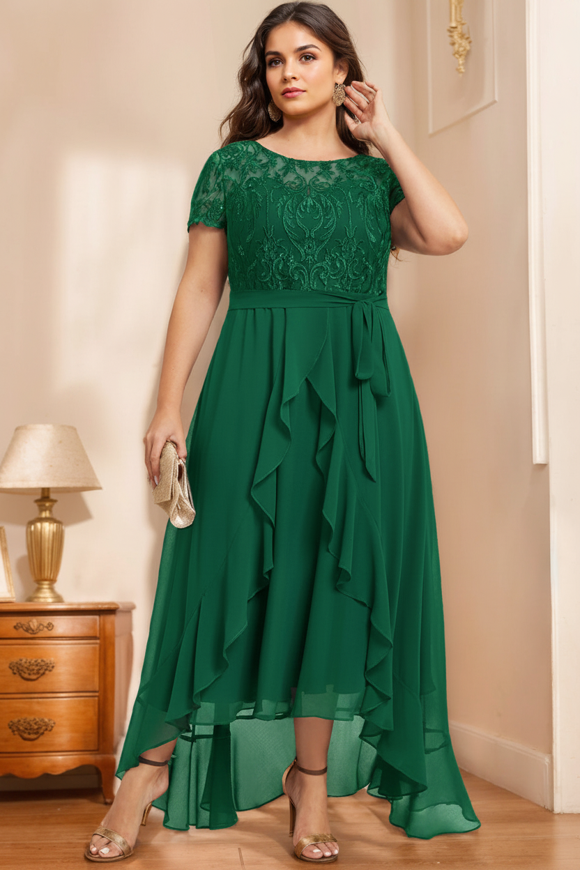 A-Line/Princess Scoop Neck Short Sleeves Asymmetrical Unique Plus Size Mother of the Bride Dresses with Bow, Ruffles & Sequins