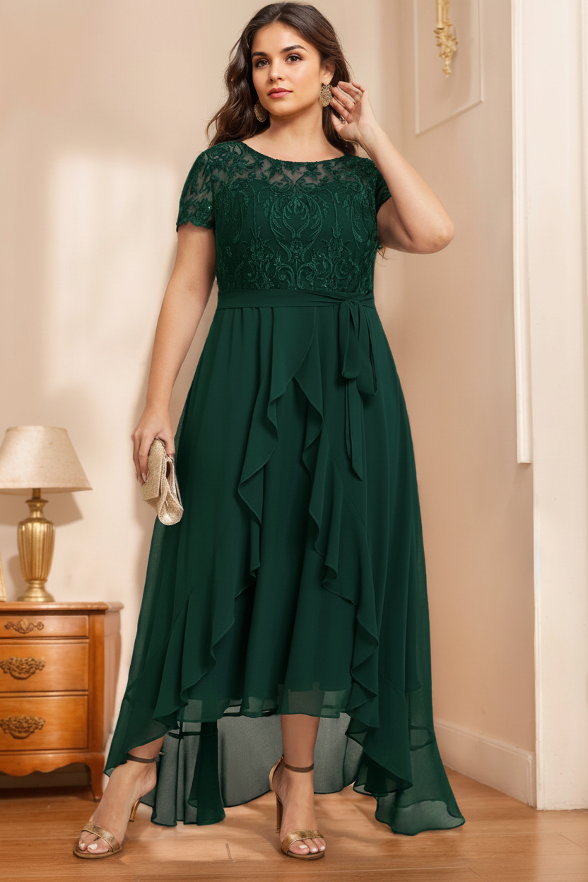 A-Line/Princess Scoop Neck Short Sleeves Asymmetrical Unique Plus Size Mother of the Bride Dresses with Bow, Ruffles & Sequins