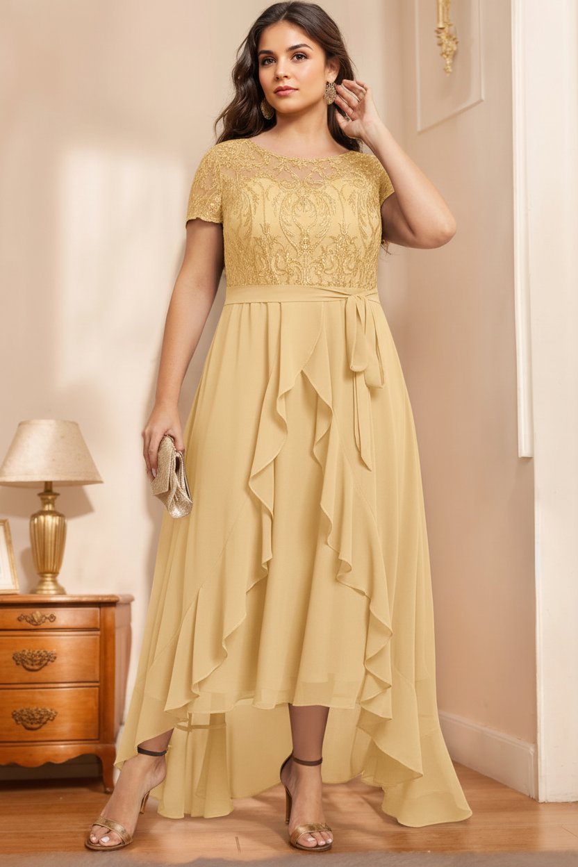 A-Line/Princess Scoop Neck Short Sleeves Asymmetrical Unique Plus Size Mother of the Bride Dresses with Bow, Ruffles & Sequins