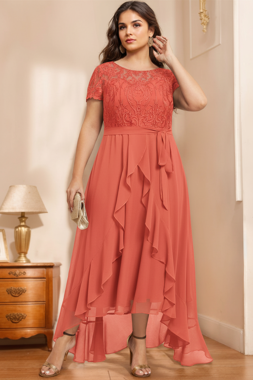 A-Line/Princess Scoop Neck Short Sleeves Asymmetrical Unique Plus Size Mother of the Bride Dresses with Bow, Ruffles & Sequins