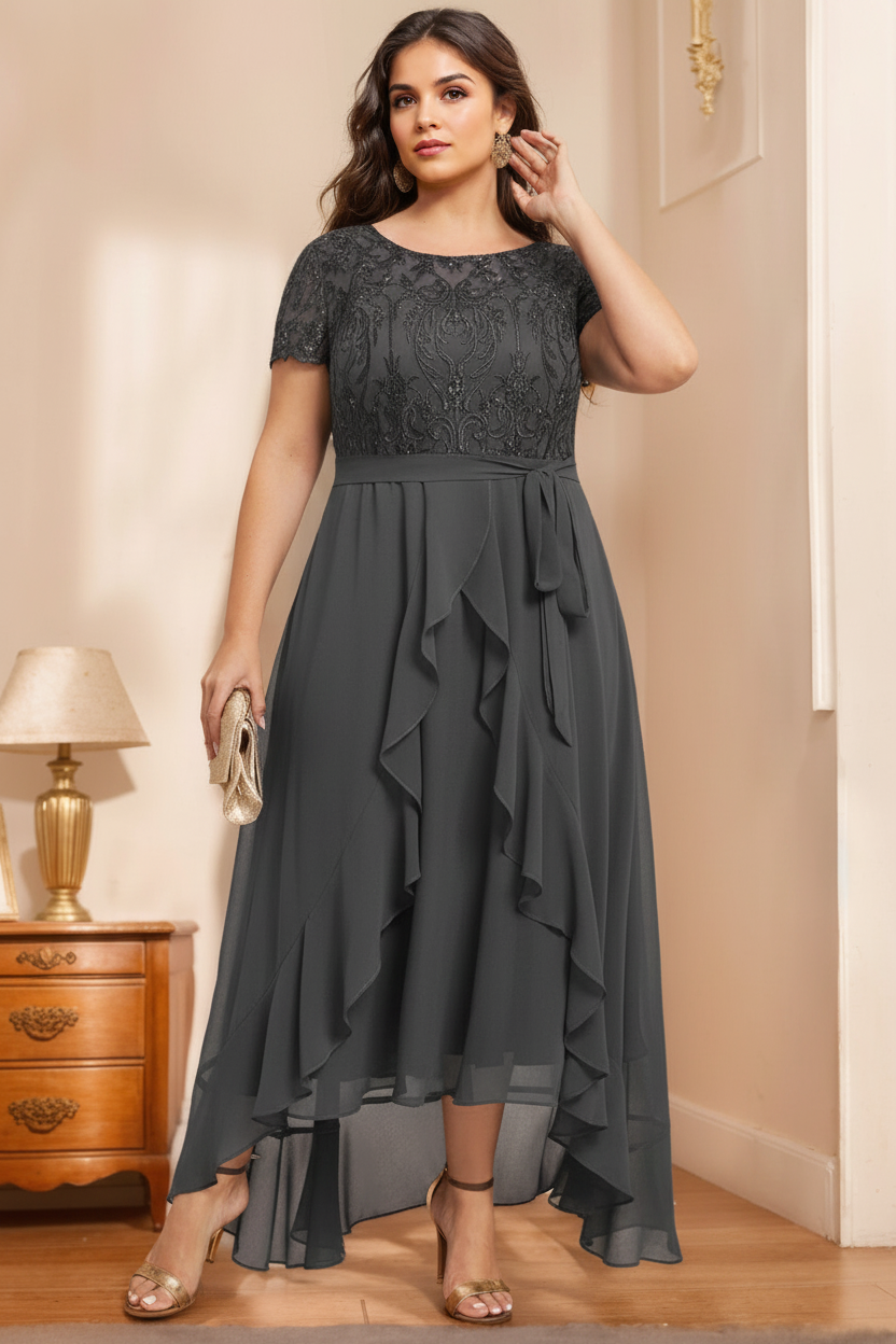 A-Line/Princess Scoop Neck Short Sleeves Asymmetrical Unique Plus Size Mother of the Bride Dresses with Bow, Ruffles & Sequins