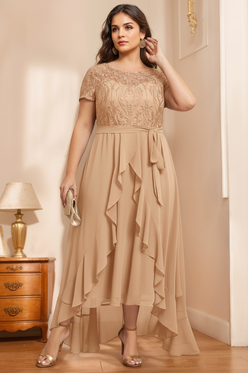 A-Line/Princess Scoop Neck Short Sleeves Asymmetrical Unique Plus Size Mother of the Bride Dresses with Bow, Ruffles & Sequins