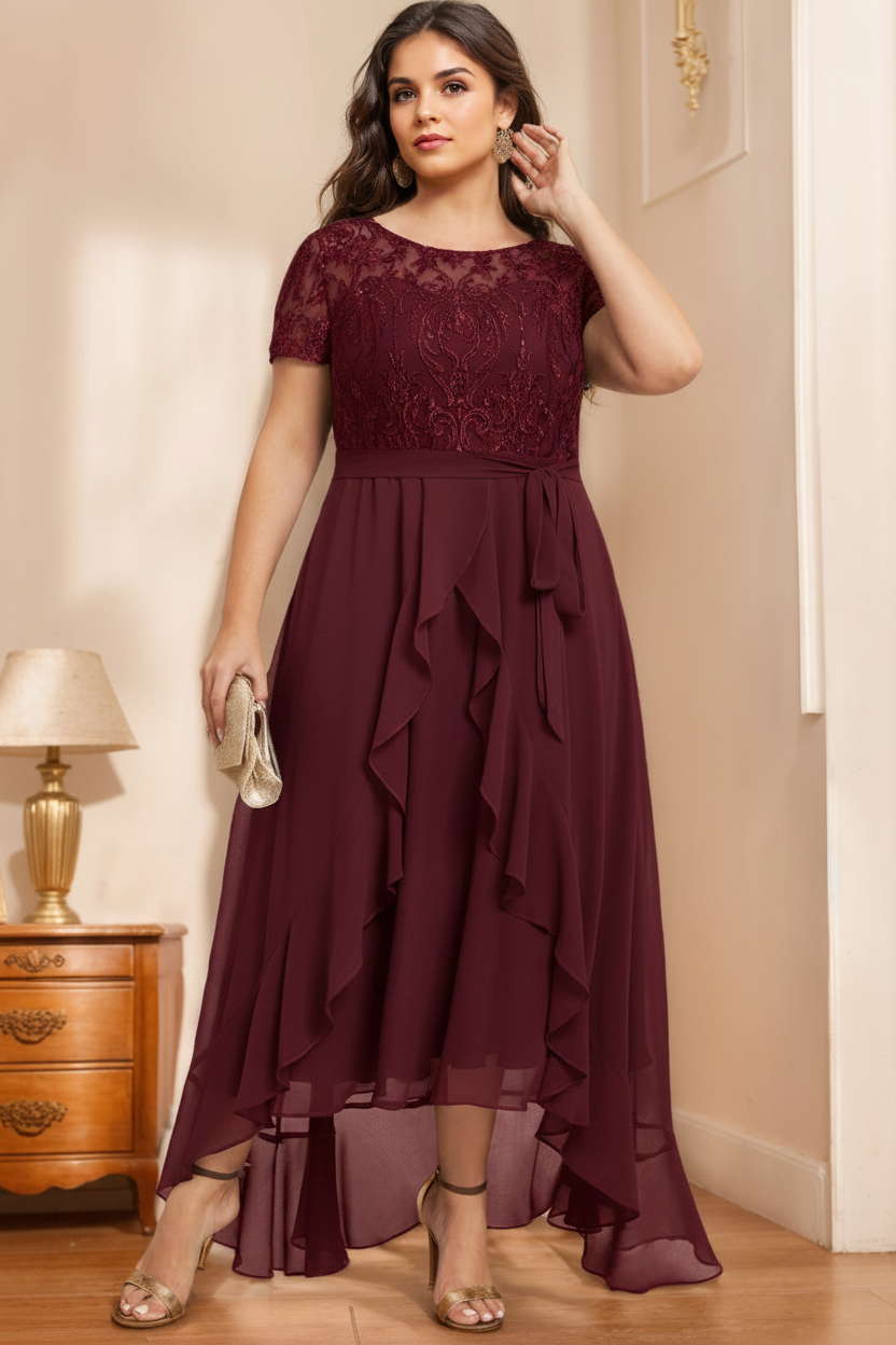 A-Line/Princess Scoop Neck Short Sleeves Asymmetrical Unique Plus Size Mother of the Bride Dresses with Bow, Ruffles & Sequins