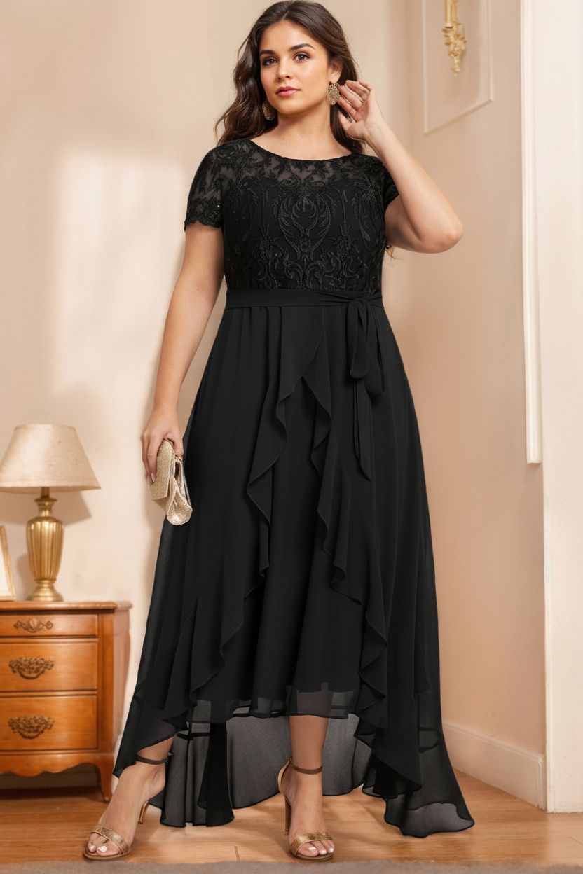 A-Line/Princess Scoop Neck Short Sleeves Asymmetrical Unique Plus Size Mother of the Bride Dresses with Bow, Ruffles & Sequins