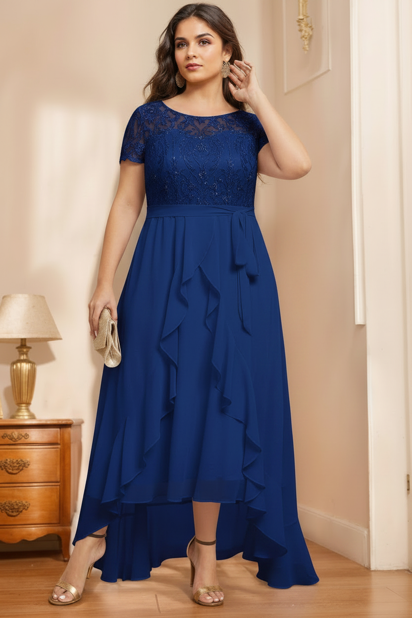 A-Line/Princess Scoop Neck Short Sleeves Asymmetrical Unique Plus Size Mother of the Bride Dresses with Bow, Ruffles & Sequins