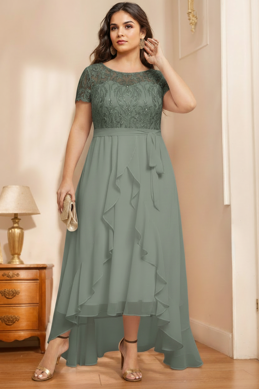 A-Line/Princess Scoop Neck Short Sleeves Asymmetrical Unique Plus Size Mother of the Bride Dresses with Bow, Ruffles & Sequins