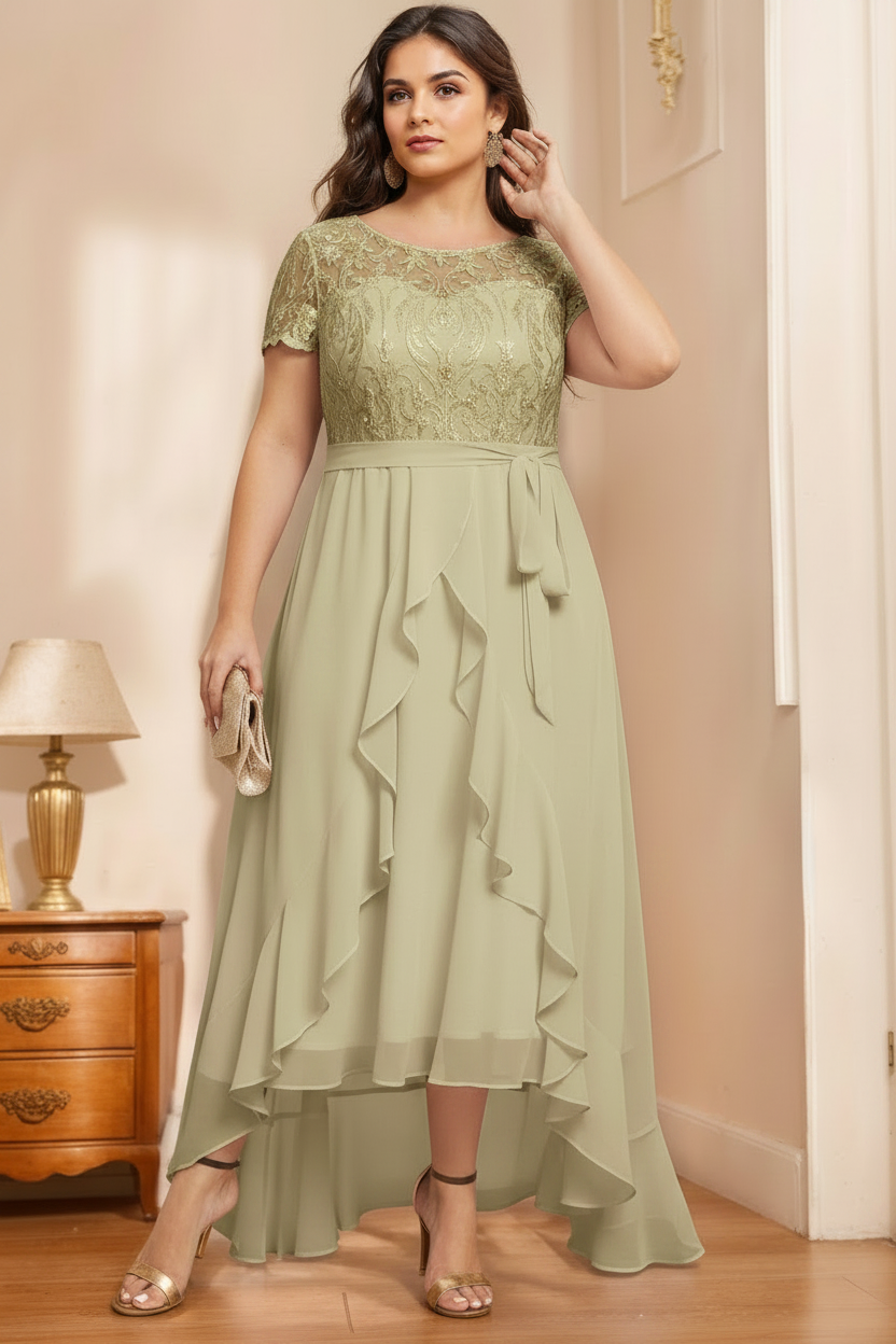 A-Line/Princess Scoop Neck Short Sleeves Asymmetrical Unique Plus Size Mother of the Bride Dresses with Bow, Ruffles & Sequins
