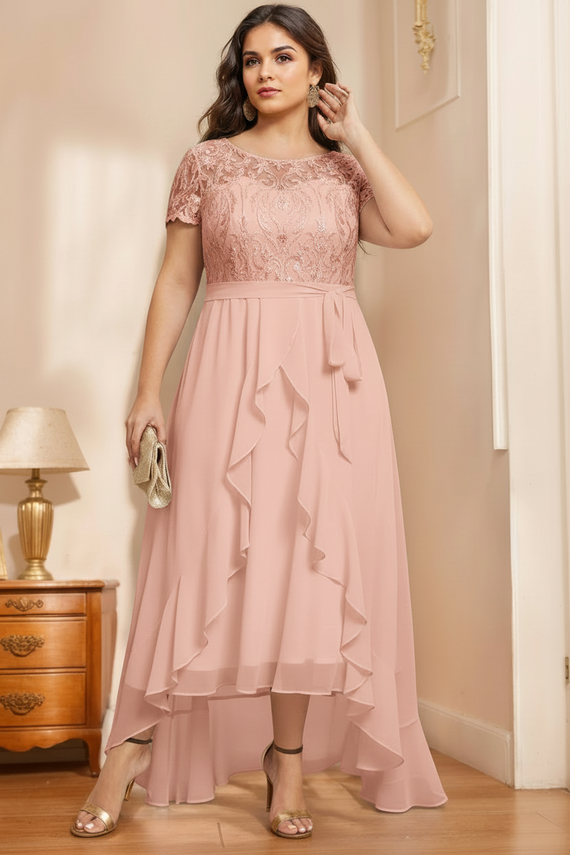 A-Line/Princess Scoop Neck Short Sleeves Asymmetrical Unique Plus Size Mother of the Bride Dresses with Bow, Ruffles & Sequins