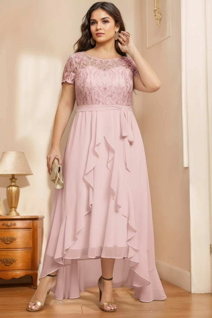 A-Line/Princess Scoop Neck Short Sleeves Asymmetrical Unique Plus Size Mother of the Bride Dresses with Bow, Ruffles & Sequins