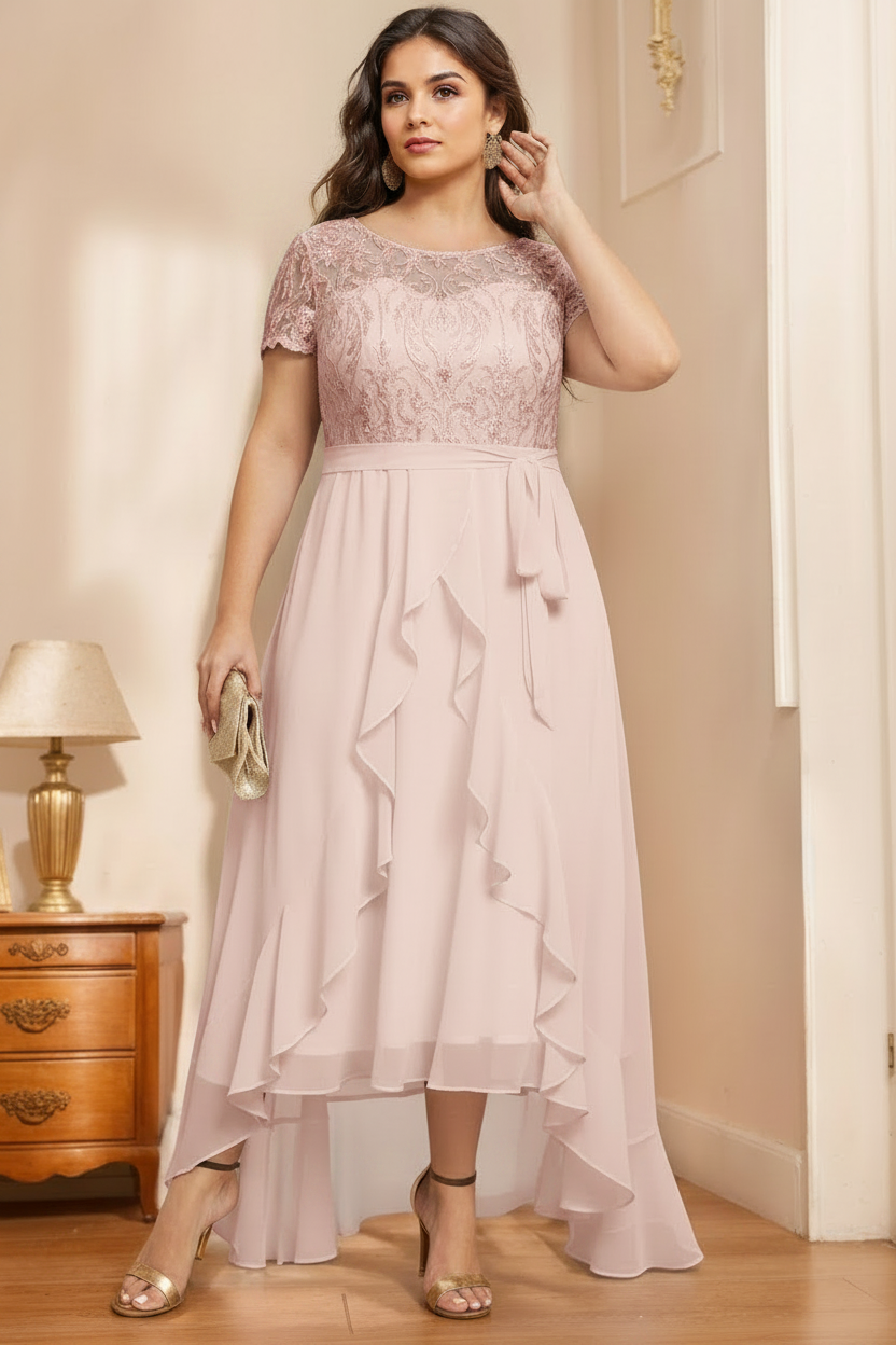 A-Line/Princess Scoop Neck Short Sleeves Asymmetrical Unique Plus Size Mother of the Bride Dresses with Bow, Ruffles & Sequins