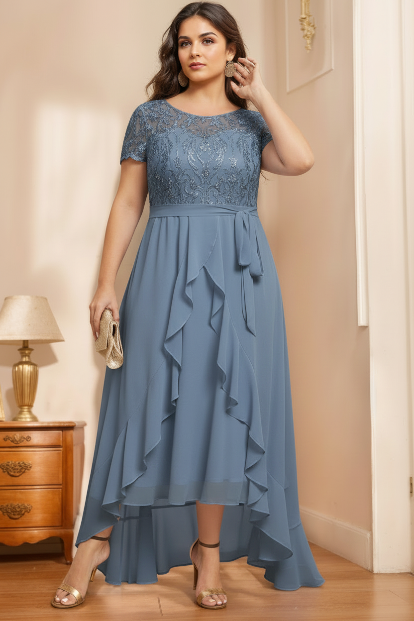 A-Line/Princess Scoop Neck Short Sleeves Asymmetrical Unique Plus Size Mother of the Bride Dresses with Bow, Ruffles & Sequins