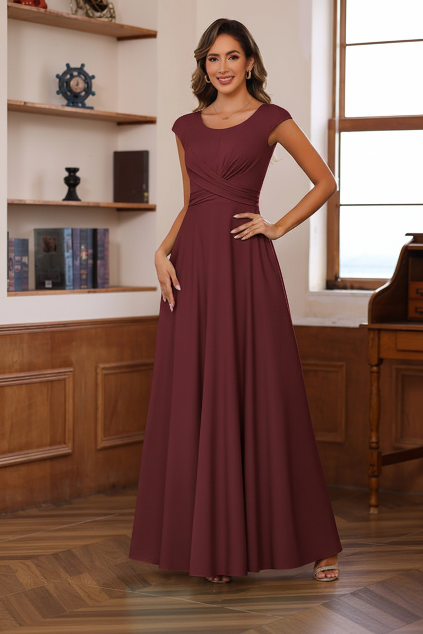 A-Line/Princess Scoop Neck Short Sleeves Floor-Length Mother of the Bride Dresses with Ruffles