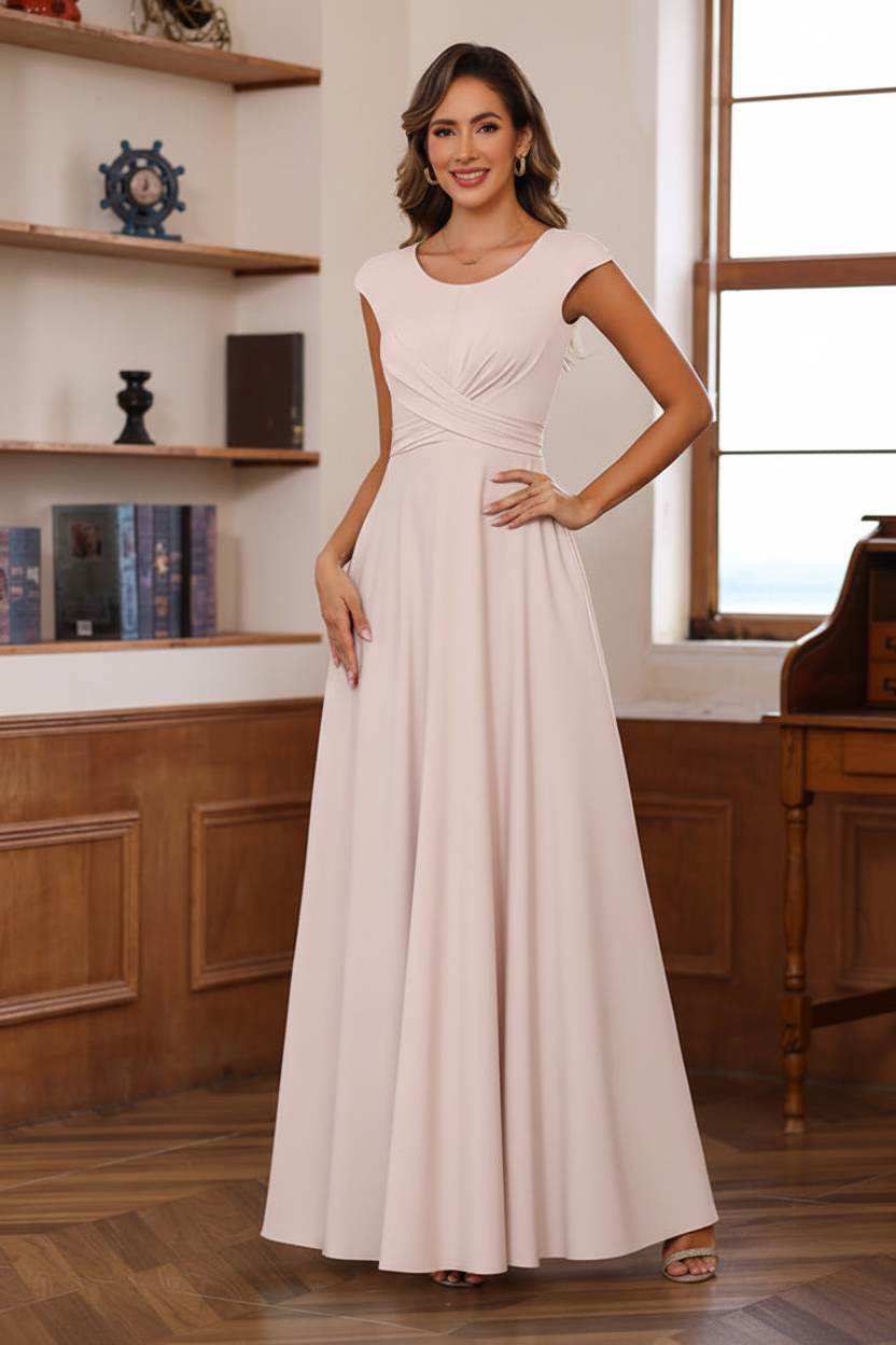 A-Line/Princess Scoop Neck Short Sleeves Floor-Length Mother of the Bride Dresses with Ruffles