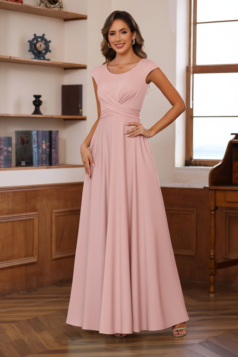 A-Line/Princess Scoop Neck Short Sleeves Floor-Length Mother of the Bride Dresses with Ruffles