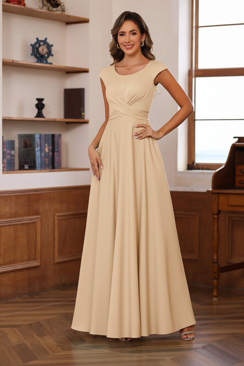 A-Line/Princess Scoop Neck Short Sleeves Floor-Length Mother of the Bride Dresses with Ruffles