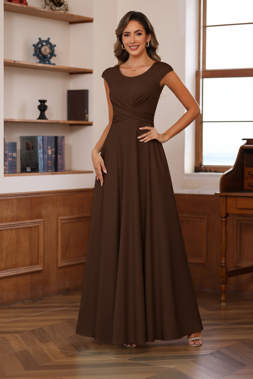 A-Line/Princess Scoop Neck Short Sleeves Floor-Length Mother of the Bride Dresses with Ruffles