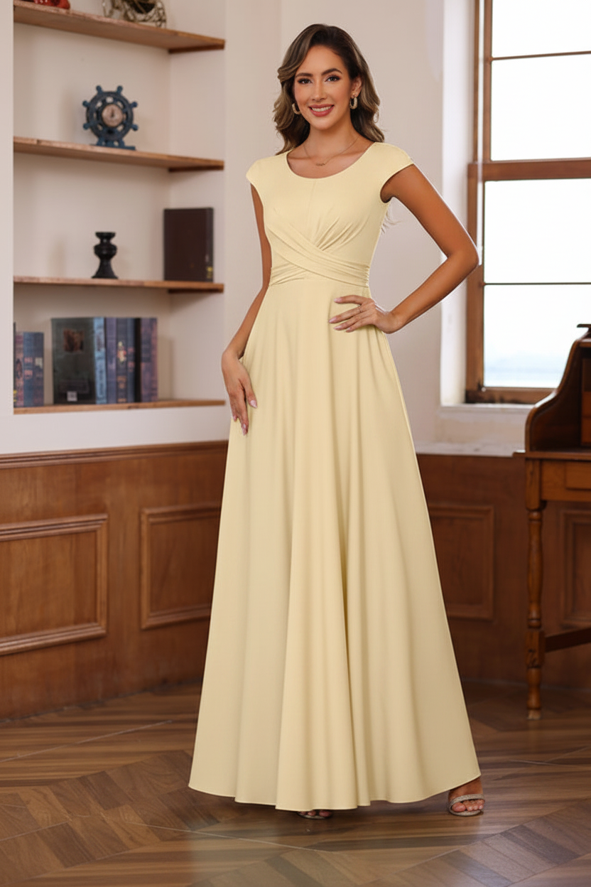 A-Line/Princess Scoop Neck Short Sleeves Floor-Length Mother of the Bride Dresses with Ruffles
