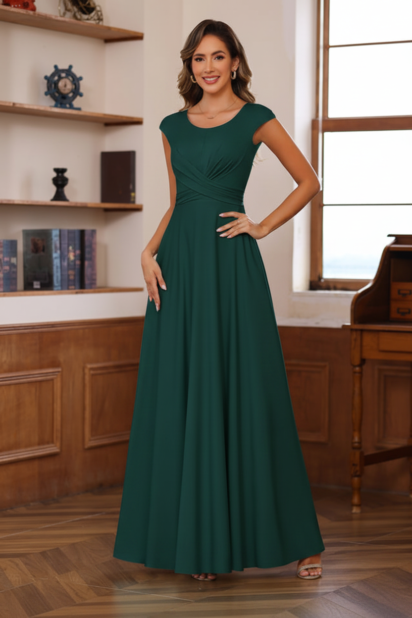 A-Line/Princess Scoop Neck Short Sleeves Floor-Length Mother of the Bride Dresses with Ruffles