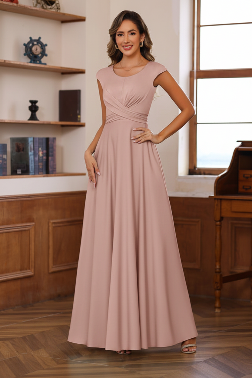 A-Line/Princess Scoop Neck Short Sleeves Floor-Length Mother of the Bride Dresses with Ruffles