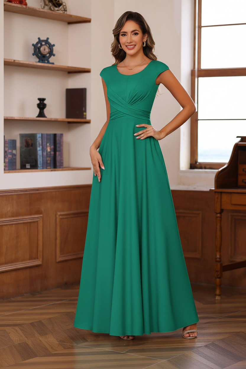 A-Line/Princess Scoop Neck Short Sleeves Floor-Length Mother of the Bride Dresses with Ruffles