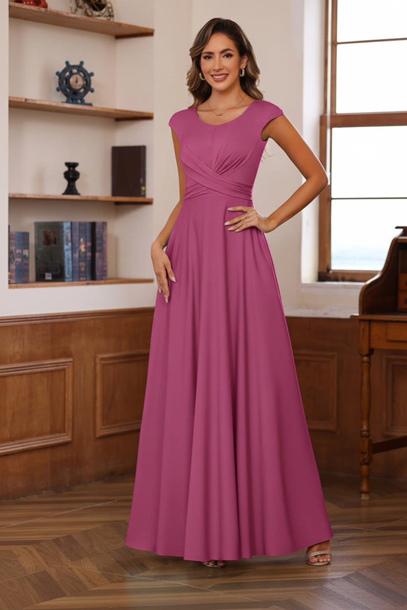 A-Line/Princess Scoop Neck Short Sleeves Floor-Length Mother of the Bride Dresses with Ruffles