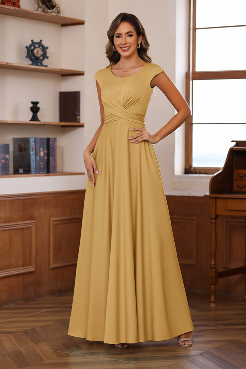 A-Line/Princess Scoop Neck Short Sleeves Floor-Length Mother of the Bride Dresses with Ruffles