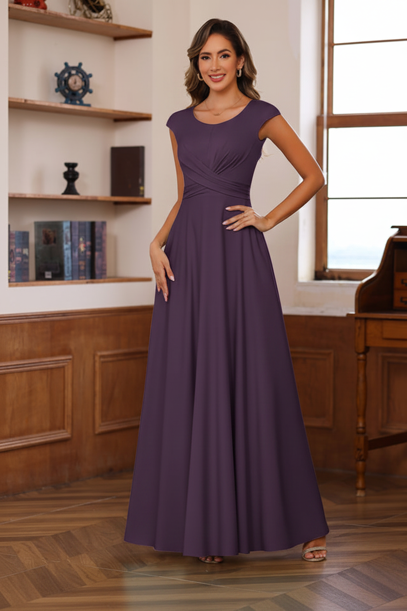 A-Line/Princess Scoop Neck Short Sleeves Floor-Length Mother of the Bride Dresses with Ruffles