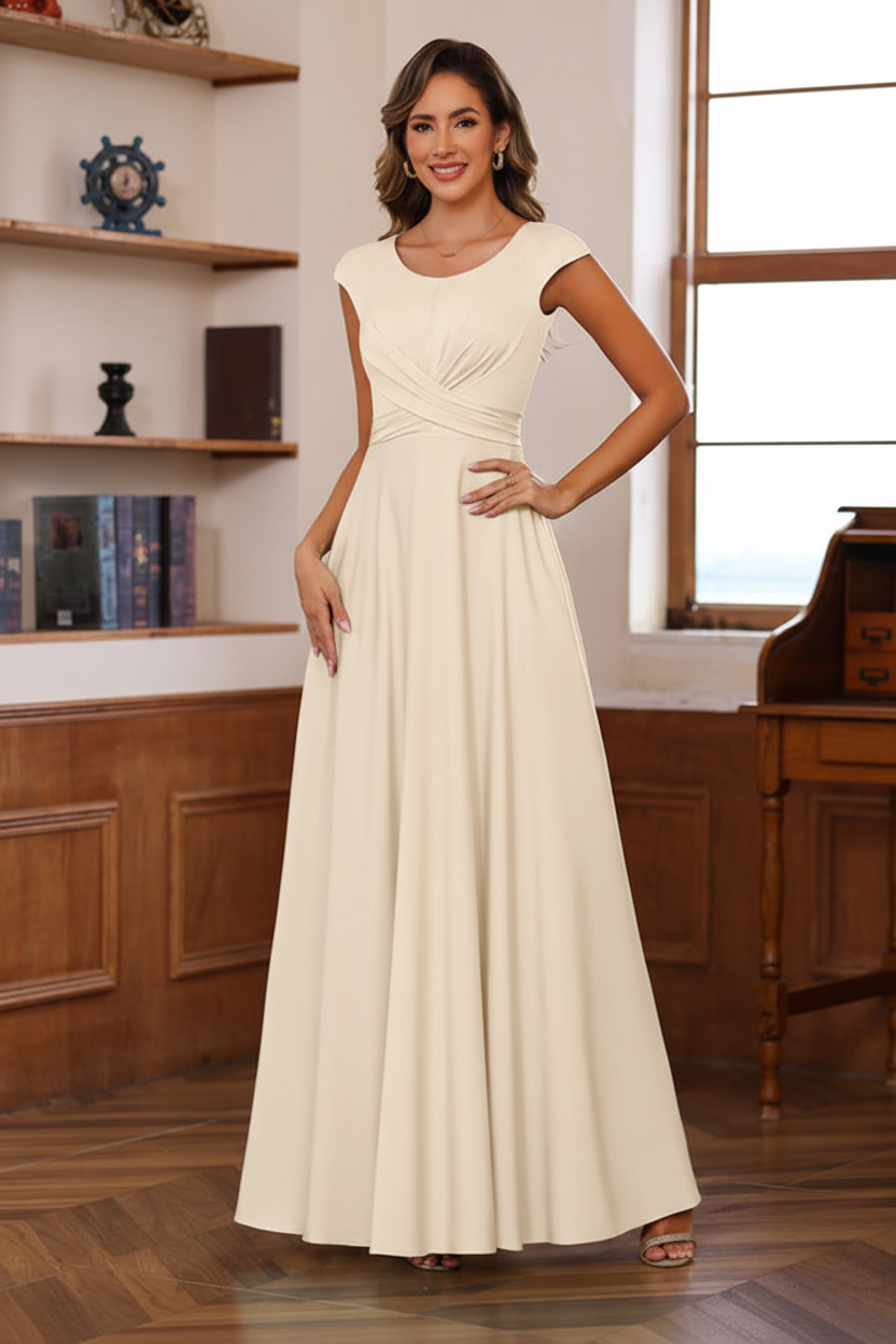 A-Line/Princess Scoop Neck Short Sleeves Floor-Length Mother of the Bride Dresses with Ruffles