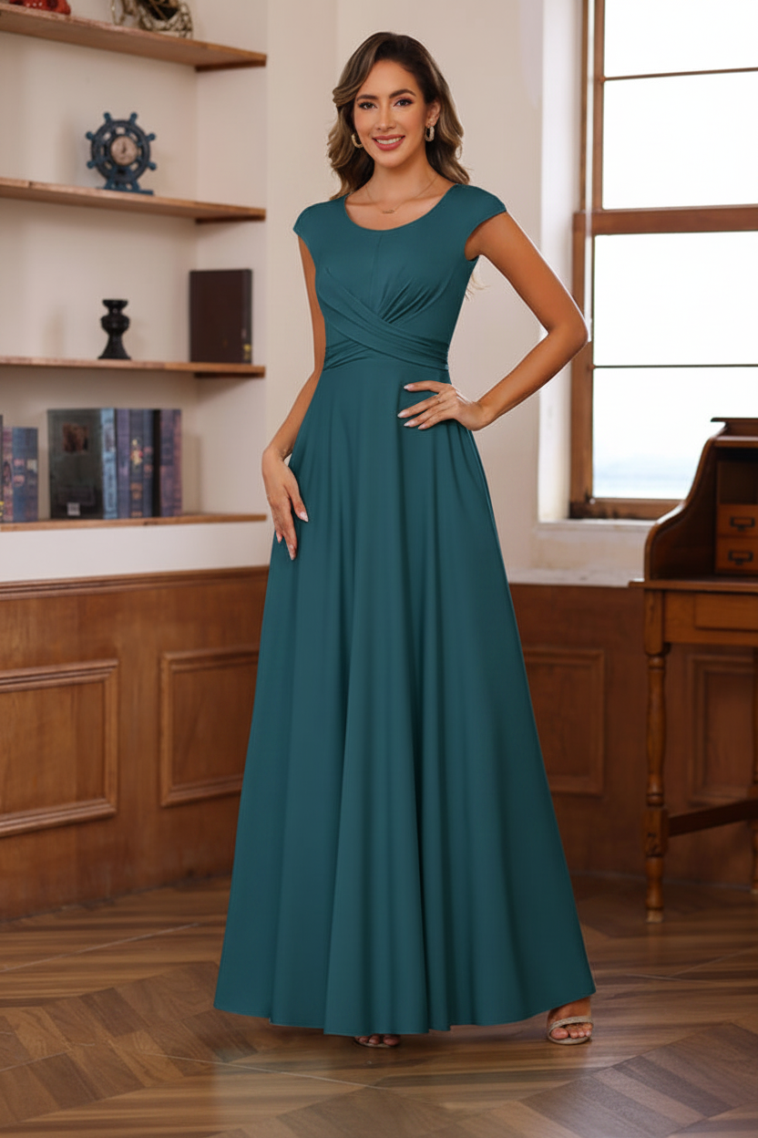 A-Line/Princess Scoop Neck Short Sleeves Floor-Length Mother of the Bride Dresses with Ruffles