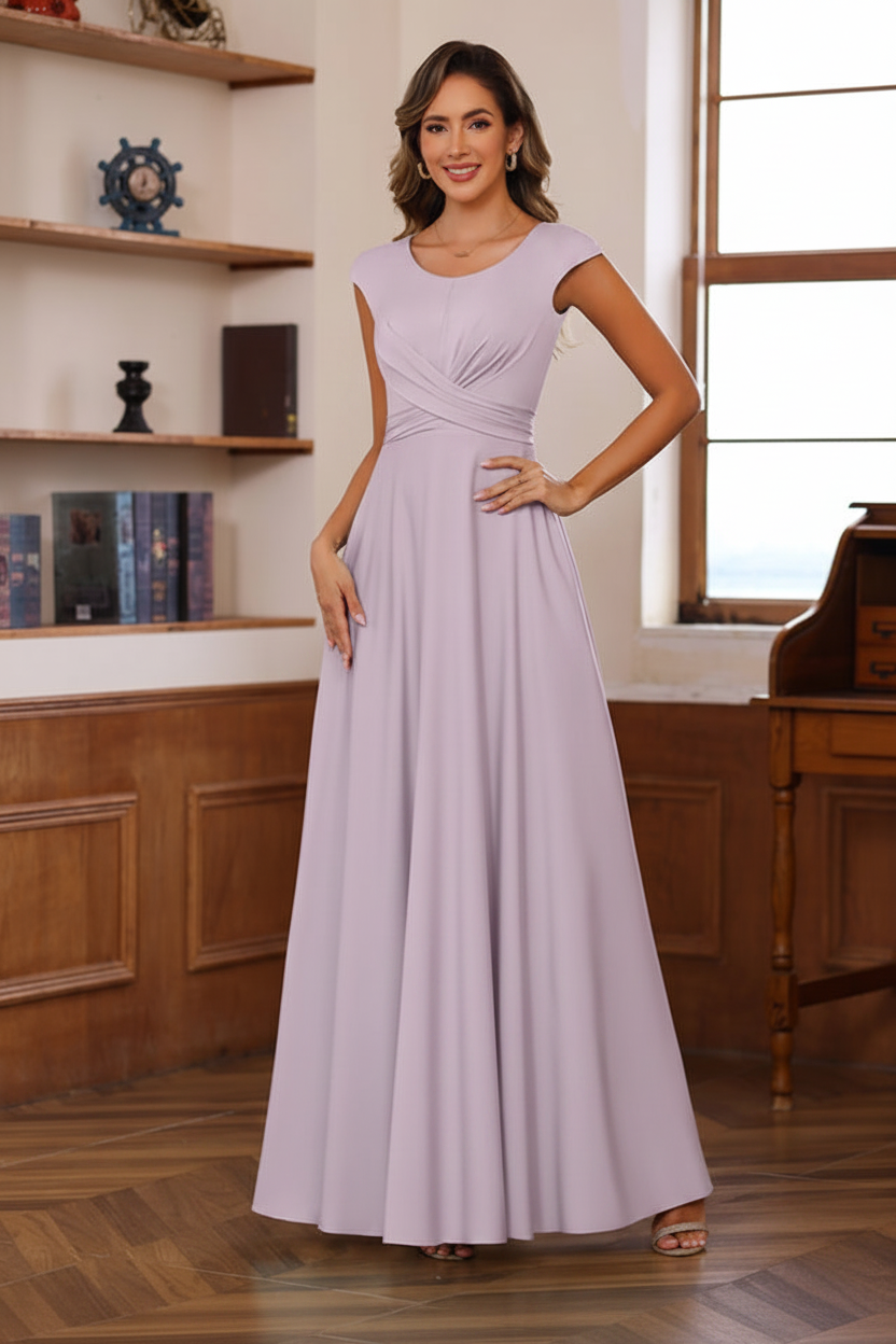 A-Line/Princess Scoop Neck Short Sleeves Floor-Length Mother of the Bride Dresses with Ruffles