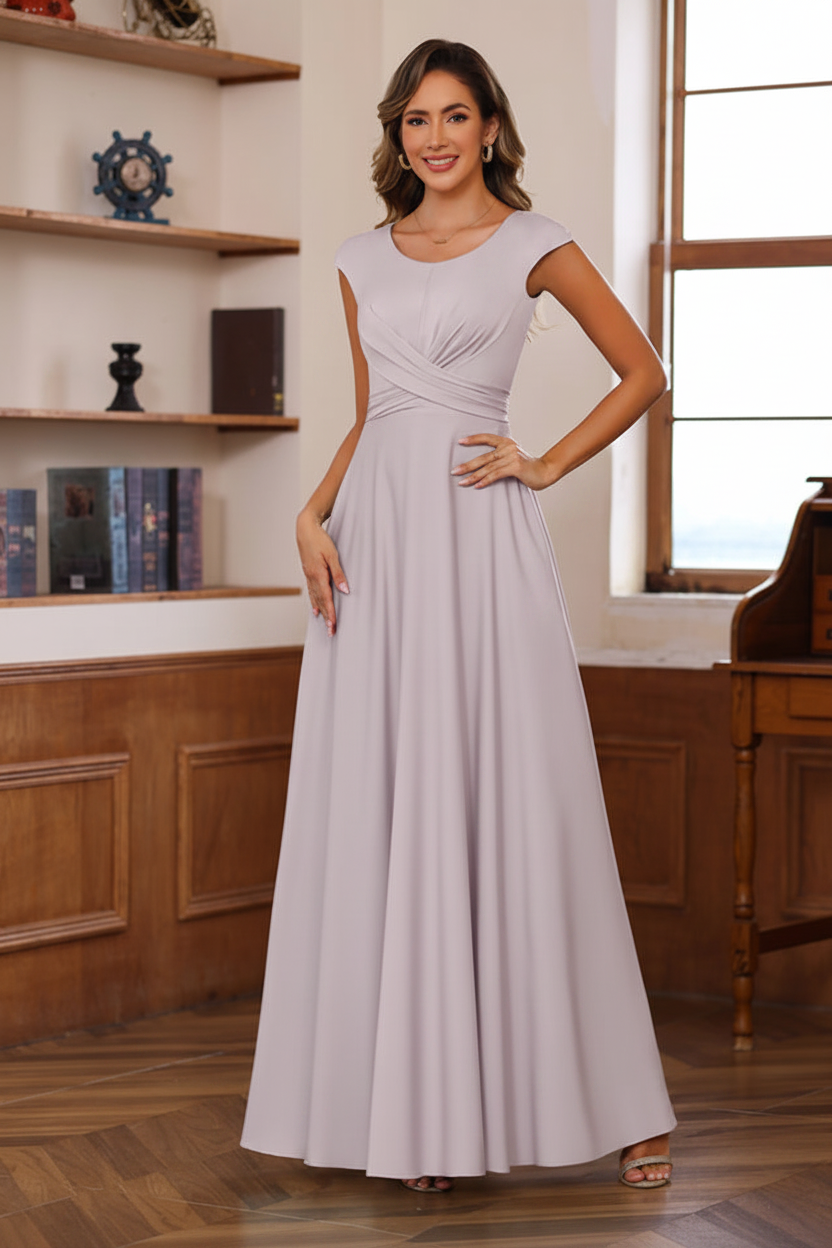 A-Line/Princess Scoop Neck Short Sleeves Floor-Length Mother of the Bride Dresses with Ruffles