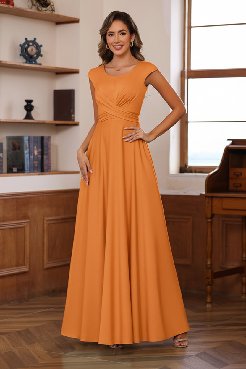 A-Line/Princess Scoop Neck Short Sleeves Floor-Length Mother of the Bride Dresses with Ruffles