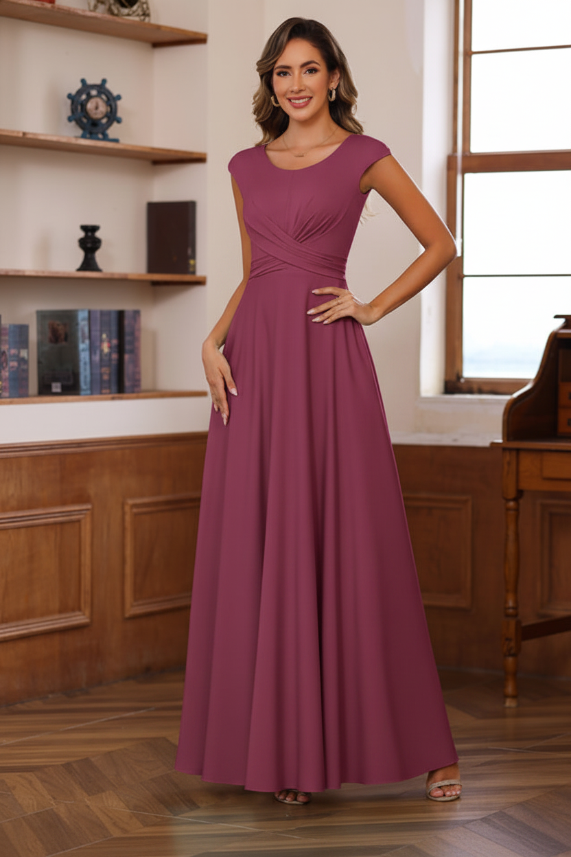 A-Line/Princess Scoop Neck Short Sleeves Floor-Length Mother of the Bride Dresses with Ruffles