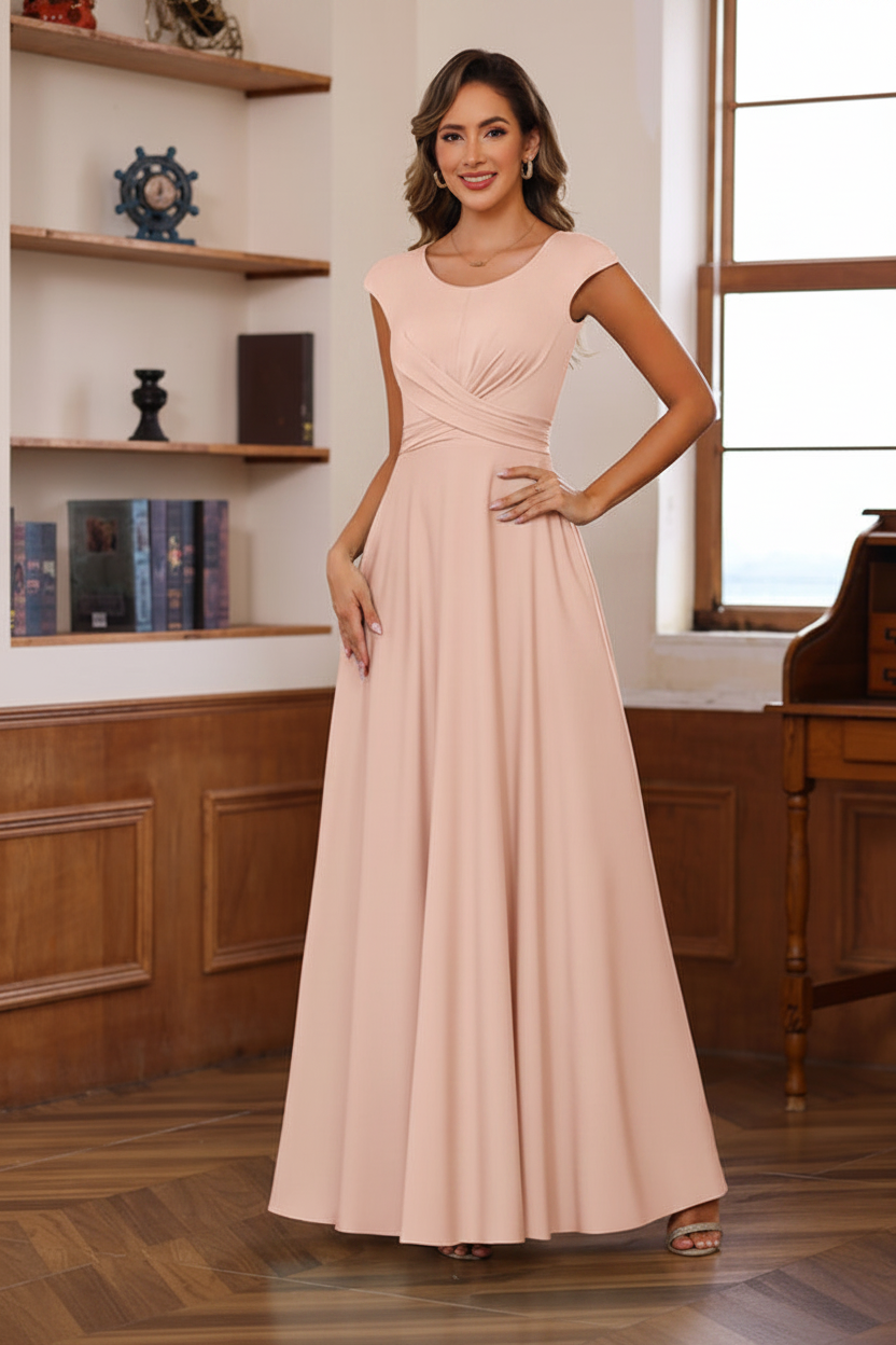 A-Line/Princess Scoop Neck Short Sleeves Floor-Length Mother of the Bride Dresses with Ruffles