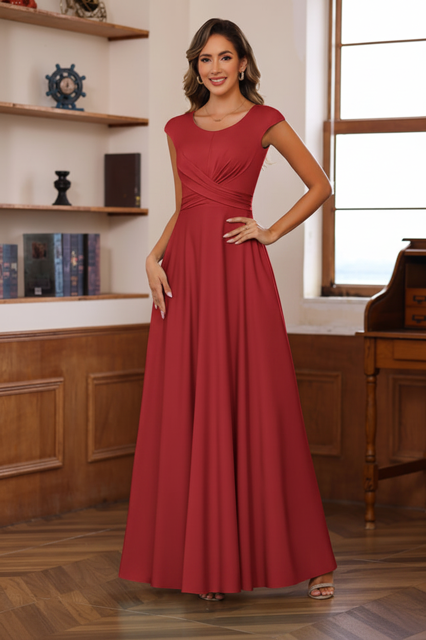 A-Line/Princess Scoop Neck Short Sleeves Floor-Length Mother of the Bride Dresses with Ruffles
