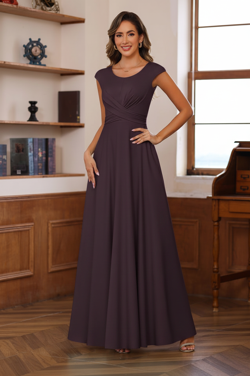 A-Line/Princess Scoop Neck Short Sleeves Floor-Length Mother of the Bride Dresses with Ruffles