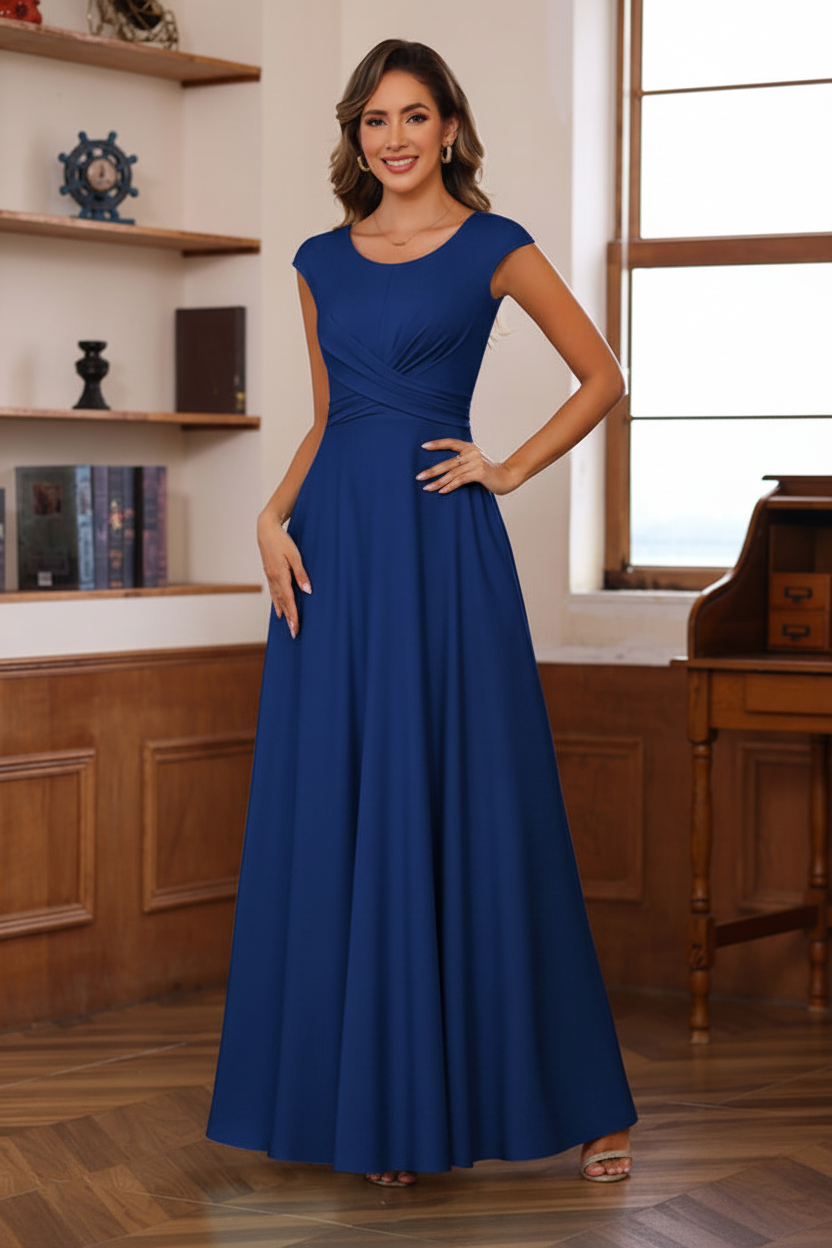 A-Line/Princess Scoop Neck Short Sleeves Floor-Length Mother of the Bride Dresses with Ruffles
