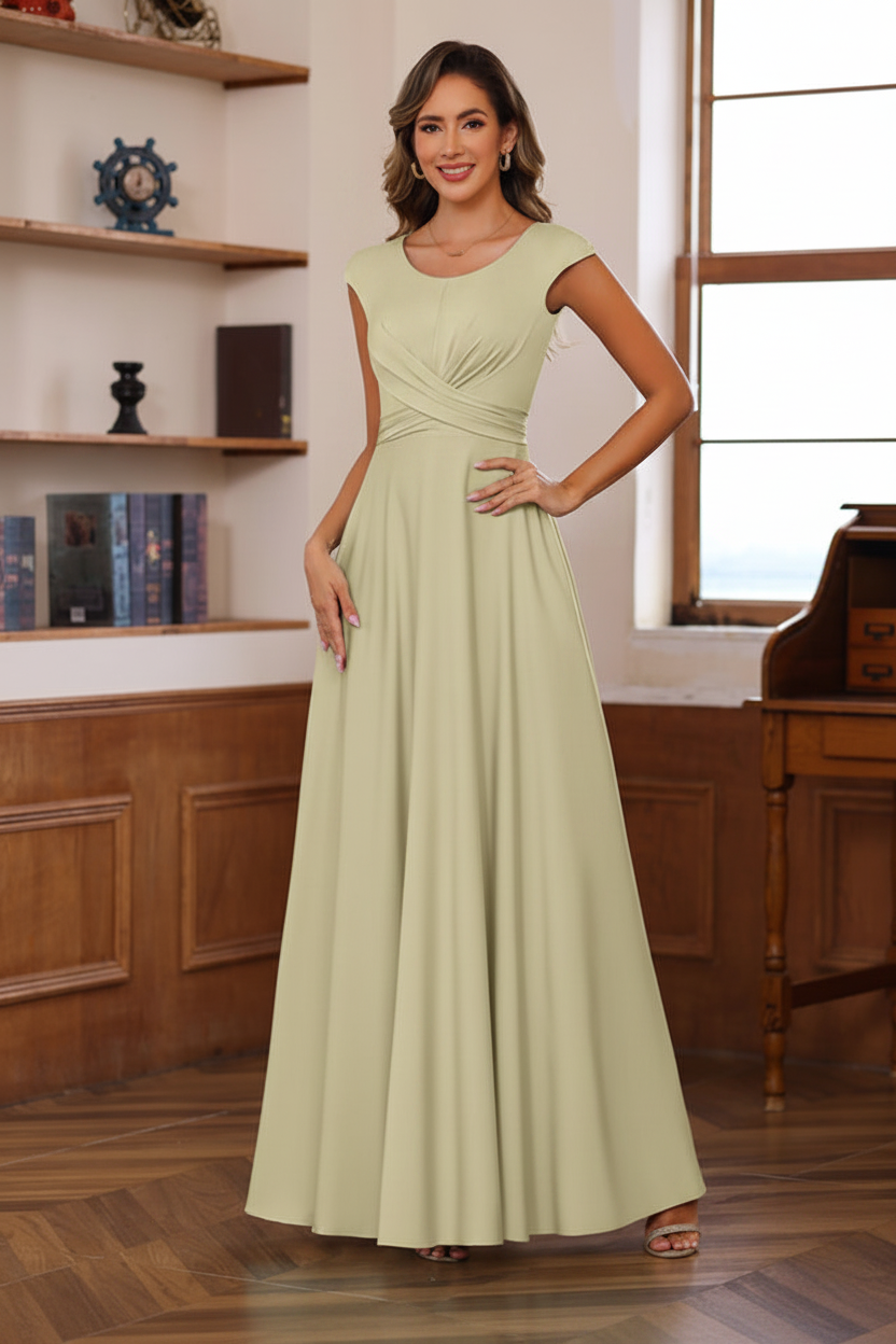 A-Line/Princess Scoop Neck Short Sleeves Floor-Length Mother of the Bride Dresses with Ruffles