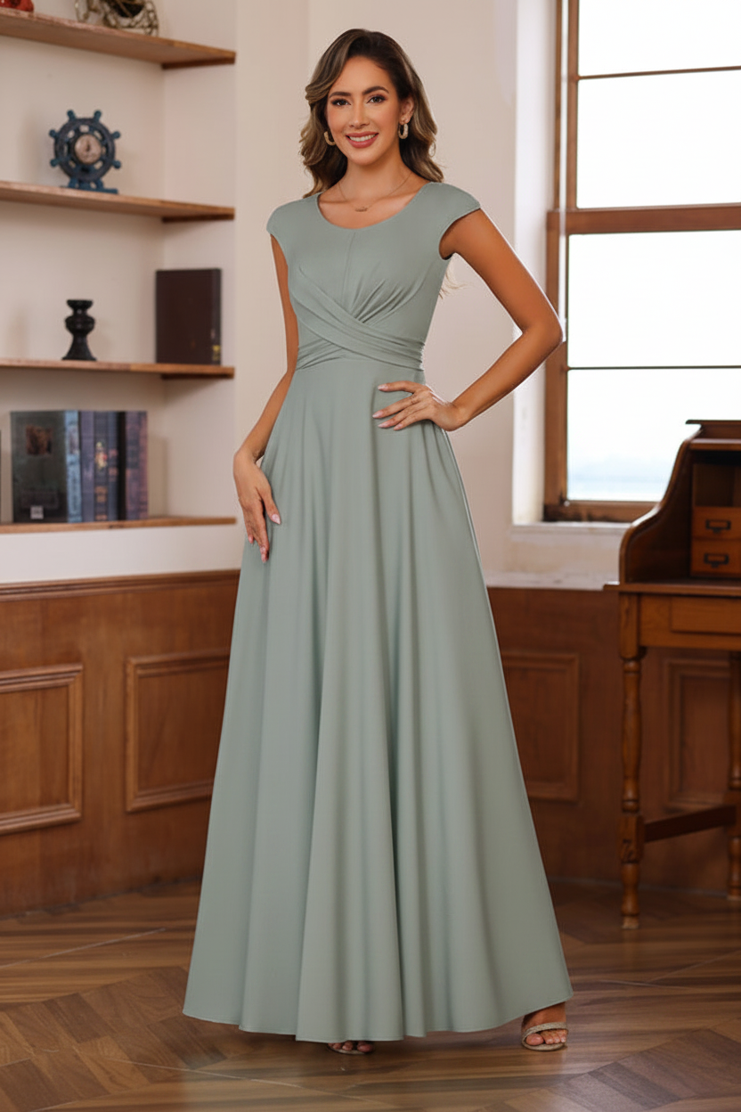 A-Line/Princess Scoop Neck Short Sleeves Floor-Length Mother of the Bride Dresses with Ruffles