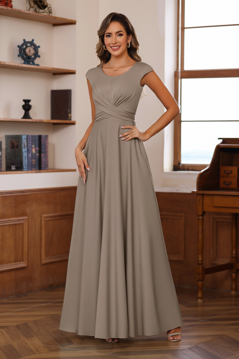 A-Line/Princess Scoop Neck Short Sleeves Floor-Length Mother of the Bride Dresses with Ruffles