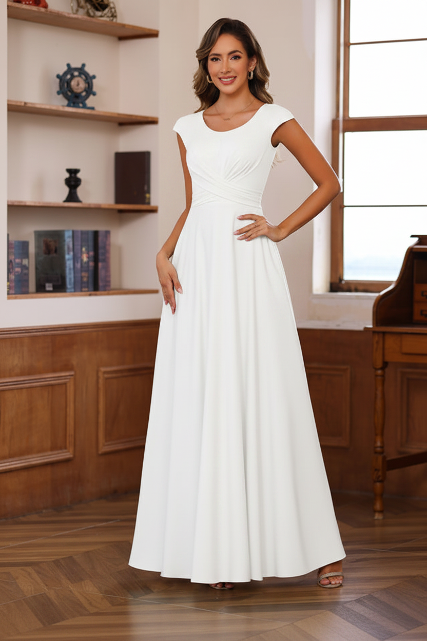 A-Line/Princess Scoop Neck Short Sleeves Floor-Length Mother of the Bride Dresses with Ruffles