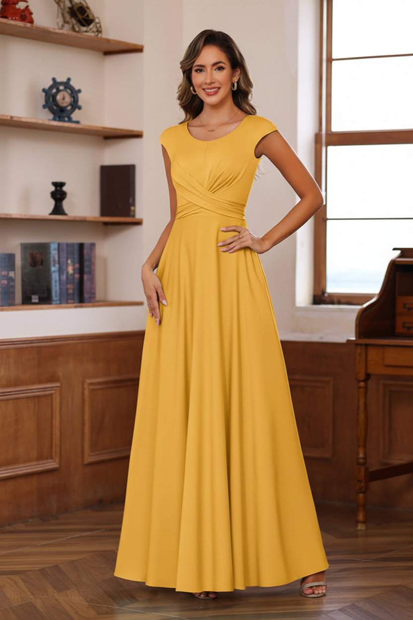 A-Line/Princess Scoop Neck Short Sleeves Floor-Length Mother of the Bride Dresses with Ruffles